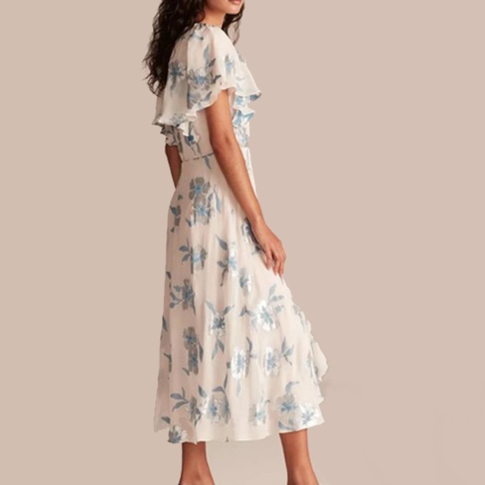 NEW Rebecca Taylor Women Met Fleur Silk Silver Floral Ruffle Flutter Midi Dress - Picture 2 of 7
